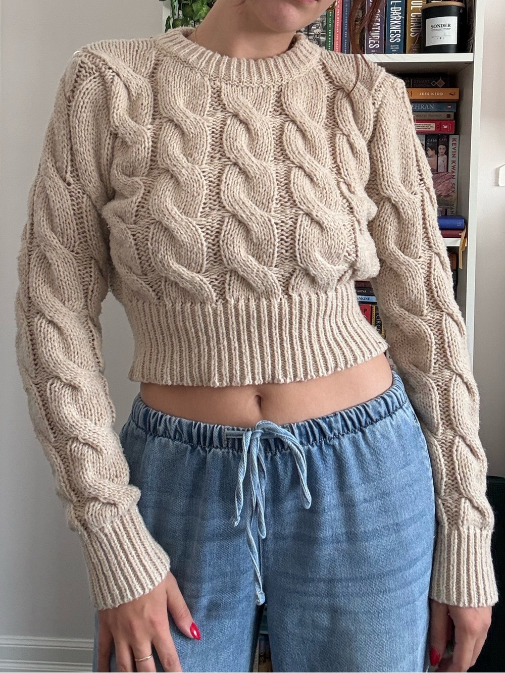 Cropped Cable Knit Sweater - Cream